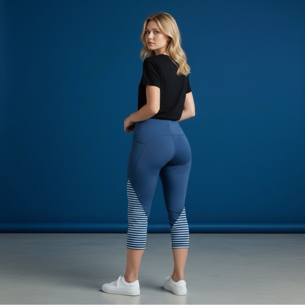 Women's petite small Modern Performance Ocean FLR Stripe Mesh Capri leggings